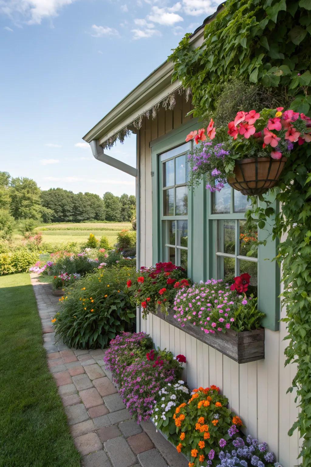 Floral boxes introduce charm and colorful detail to your shed.