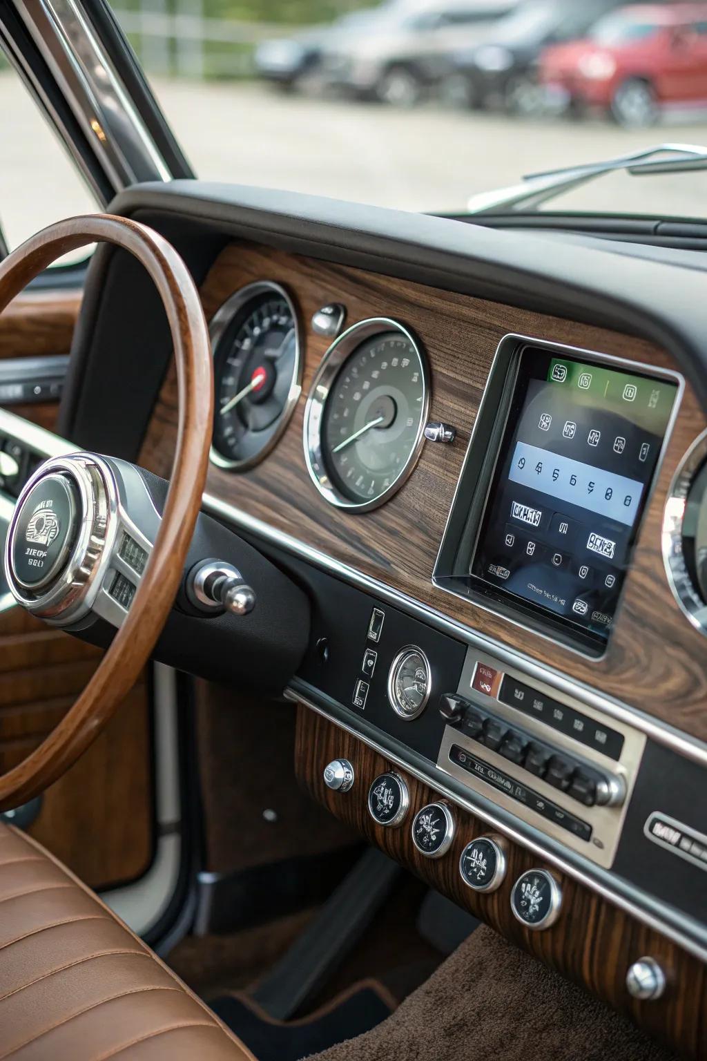 Vintage flair harmonizes with modern tech on your dashboard.