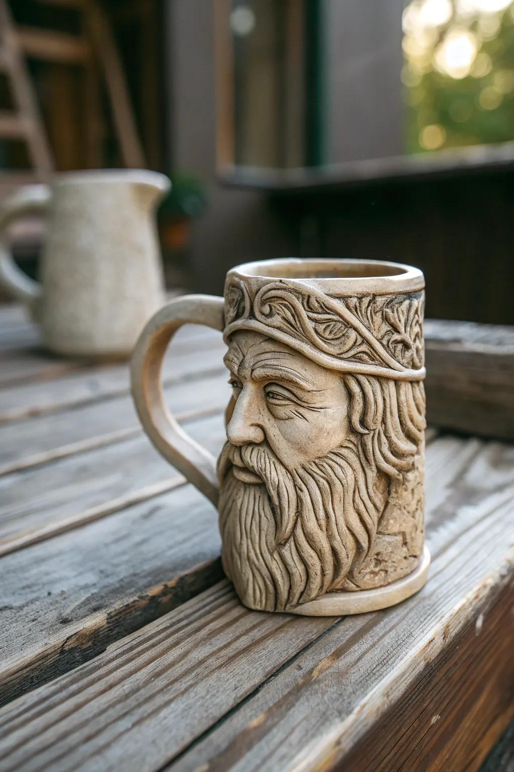 A carved character mug with intricate details, perfect for people who love art.