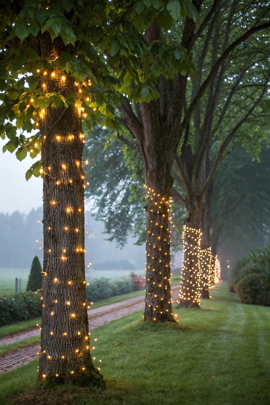Tree trunks wrapped in sparkling lights introduce an enchanting radiance.