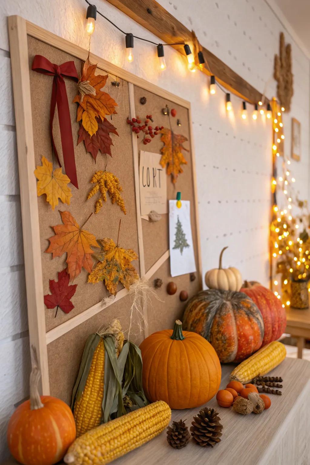 A harvest-themed bulletin board featuring pumpkins, corn, and acorns.