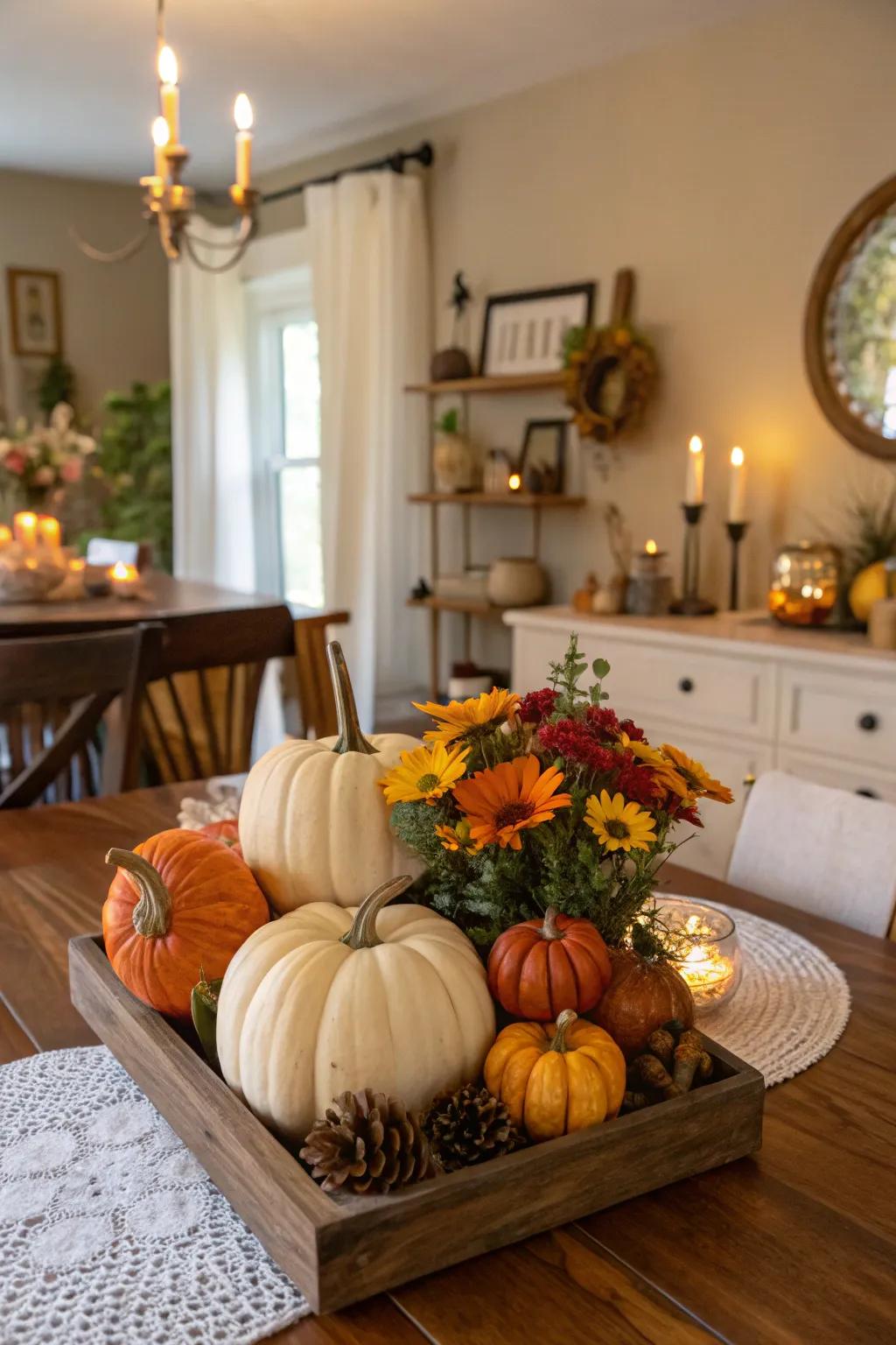 Mini pumpkins and seasonal flowers create a captivating centerpiece.