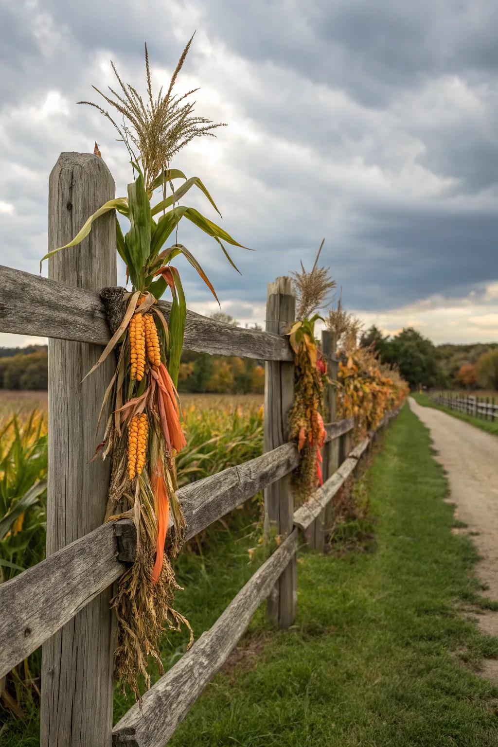 Dried stalks attached to fence posts bring countryside charm to every outdoor area.