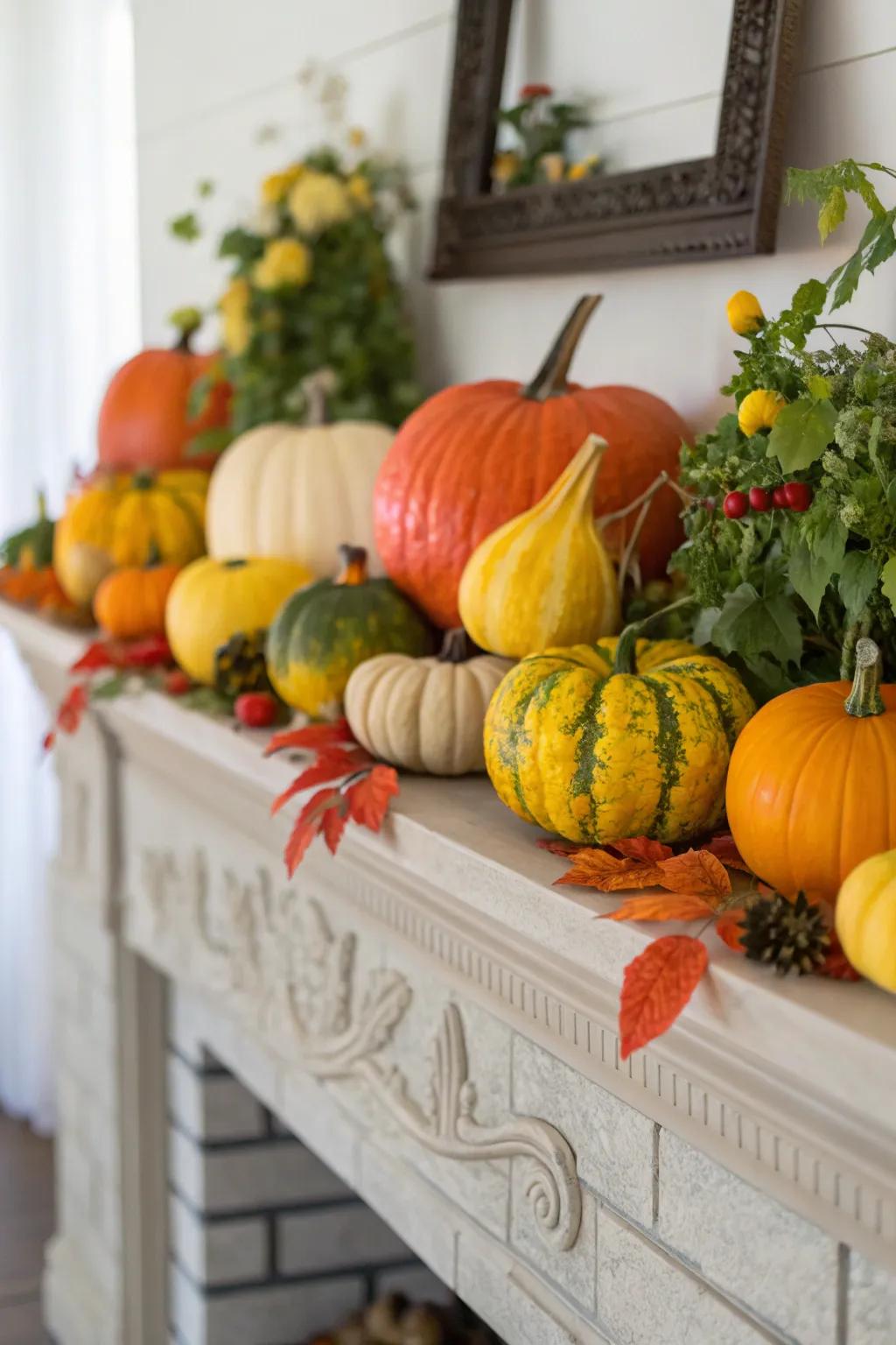 A vibrant array of fruits and squashes exhibited on an autumn-inspired mantel.