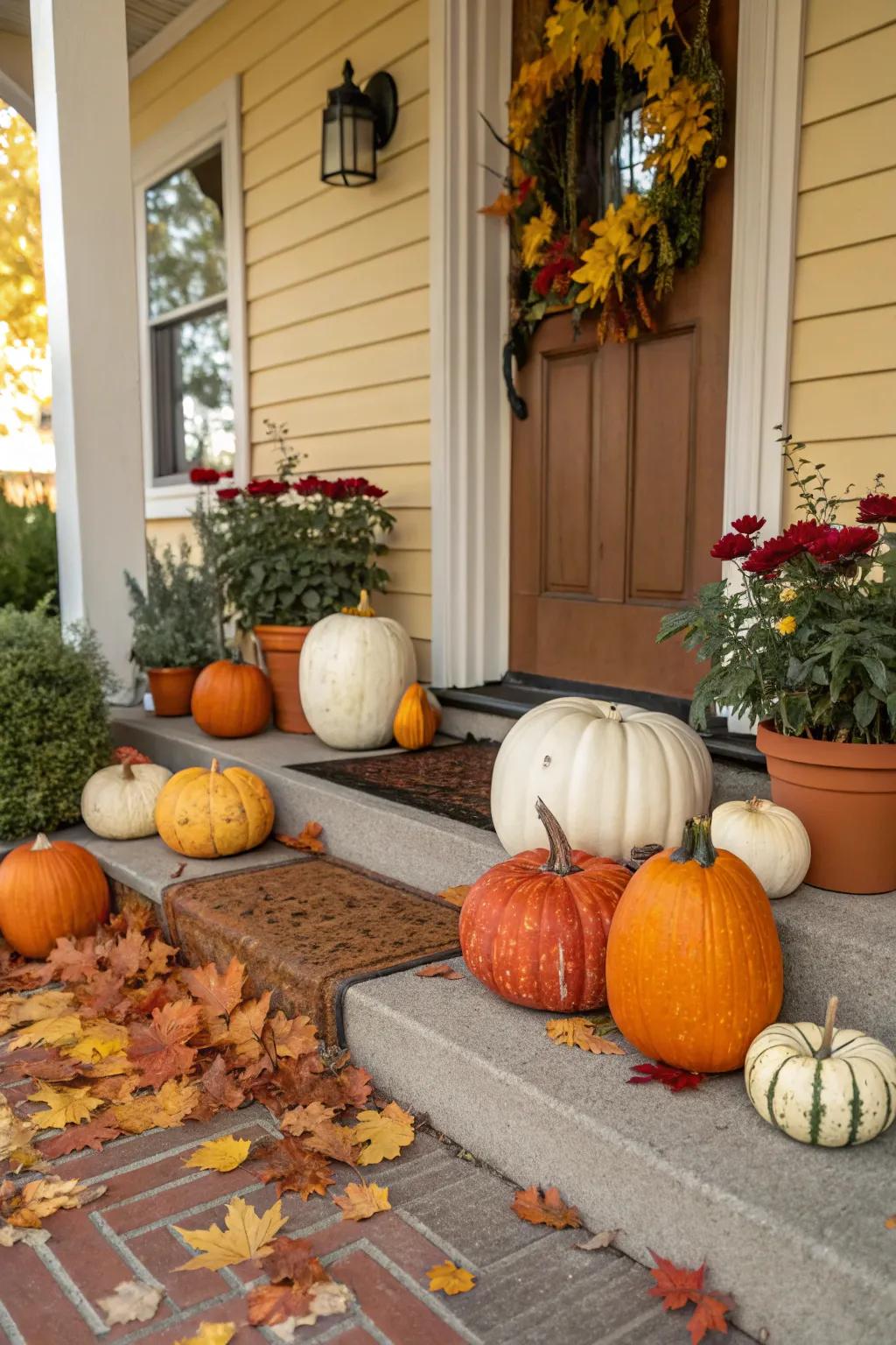 Pumpkins and gourds fashion a festive, playful vibe on your fall porch.