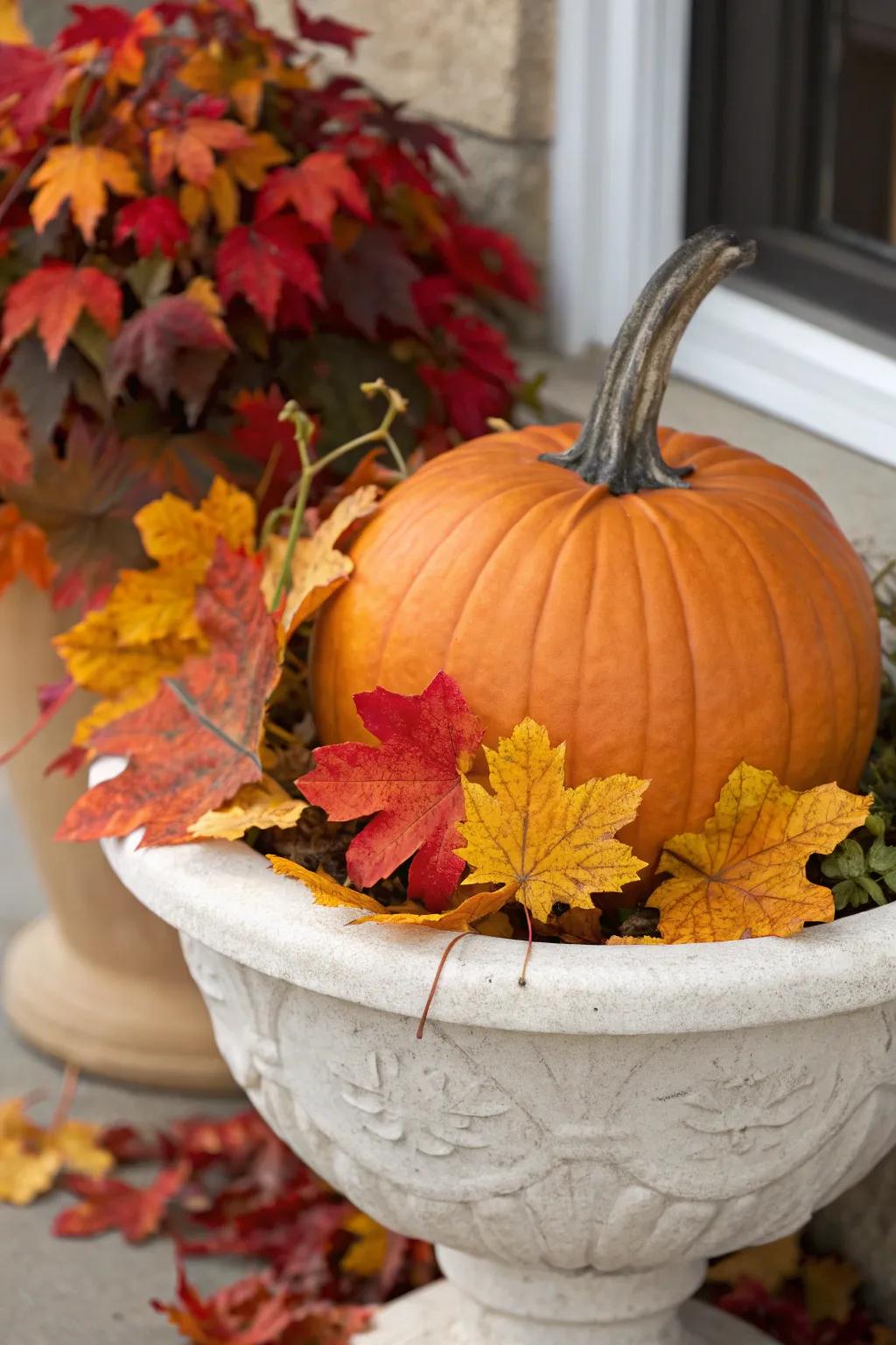 A pumpkin focal point bordered by autumnal foliage embodies the essence of autumn.