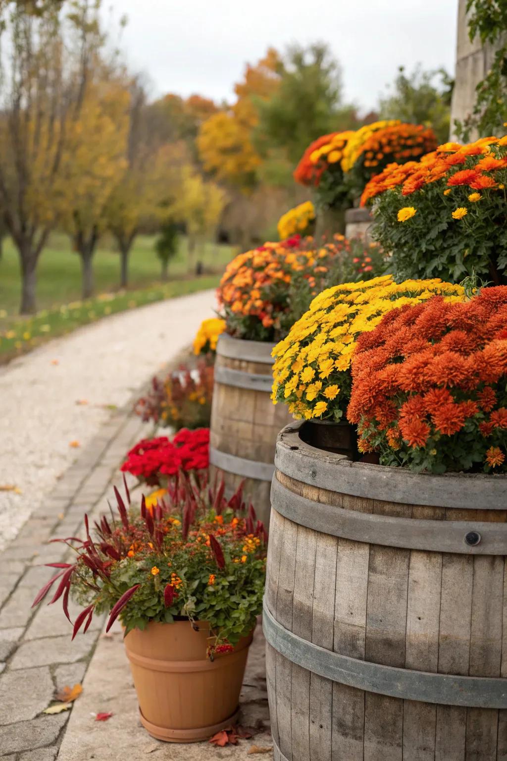 Incorporate country-style charm by using wood casks as containers.