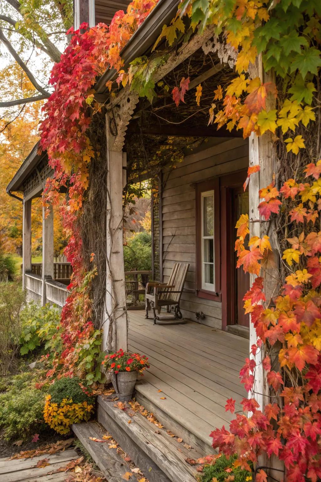 Dynamic autumnal foliage imparts a hint of innate beauty to the porch's ornamentation.
