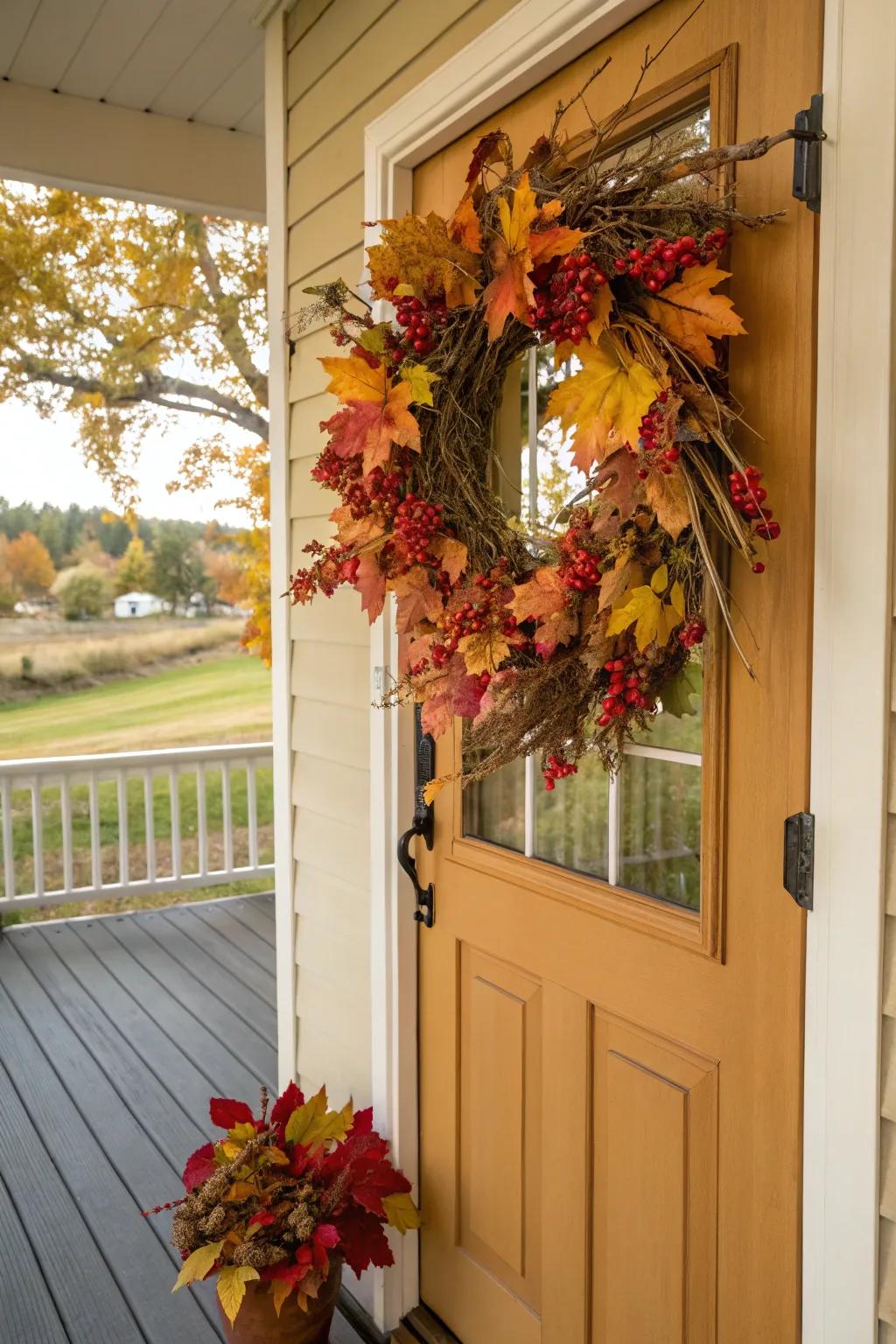 A colorful adornment brimming with autumnal fronds and fruits enlivens your entrance.