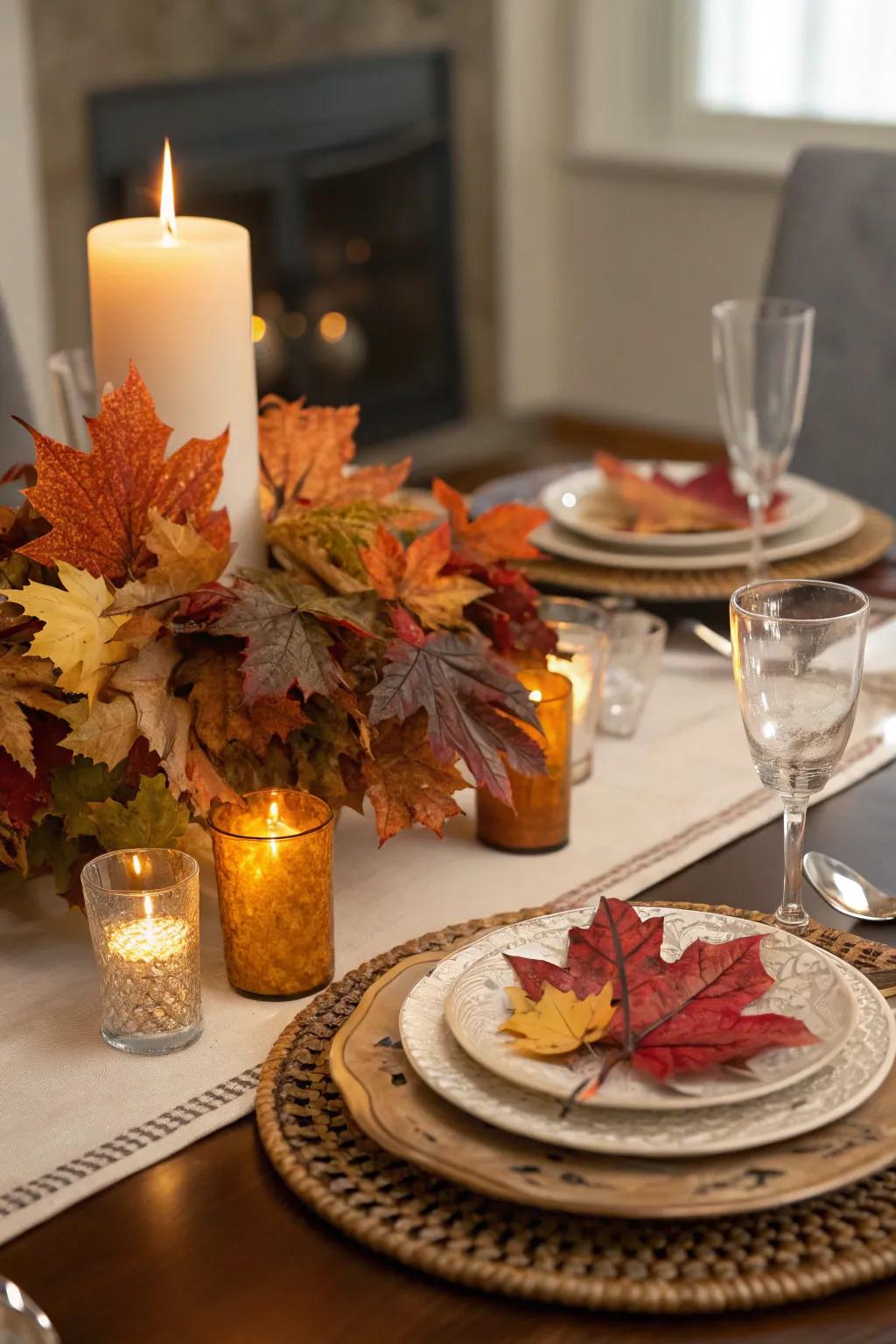 Craft a captivating table centerpiece with autumn leaves.