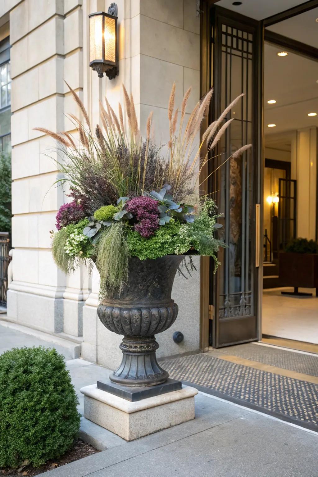 Elegant textures with ornamental grasses and kale in a fall urn.