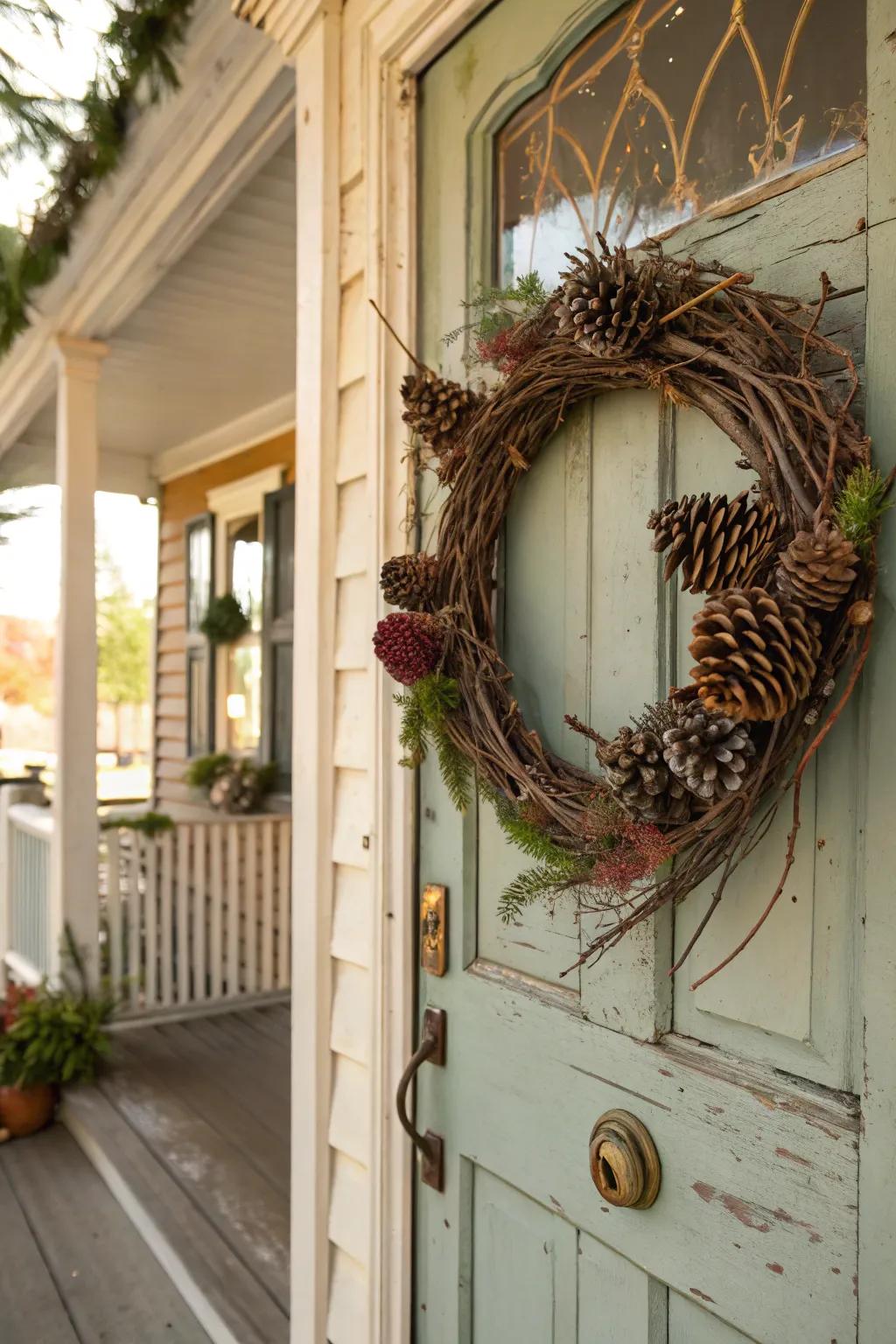 Invite the outdoors in with a cone and branch wreath.