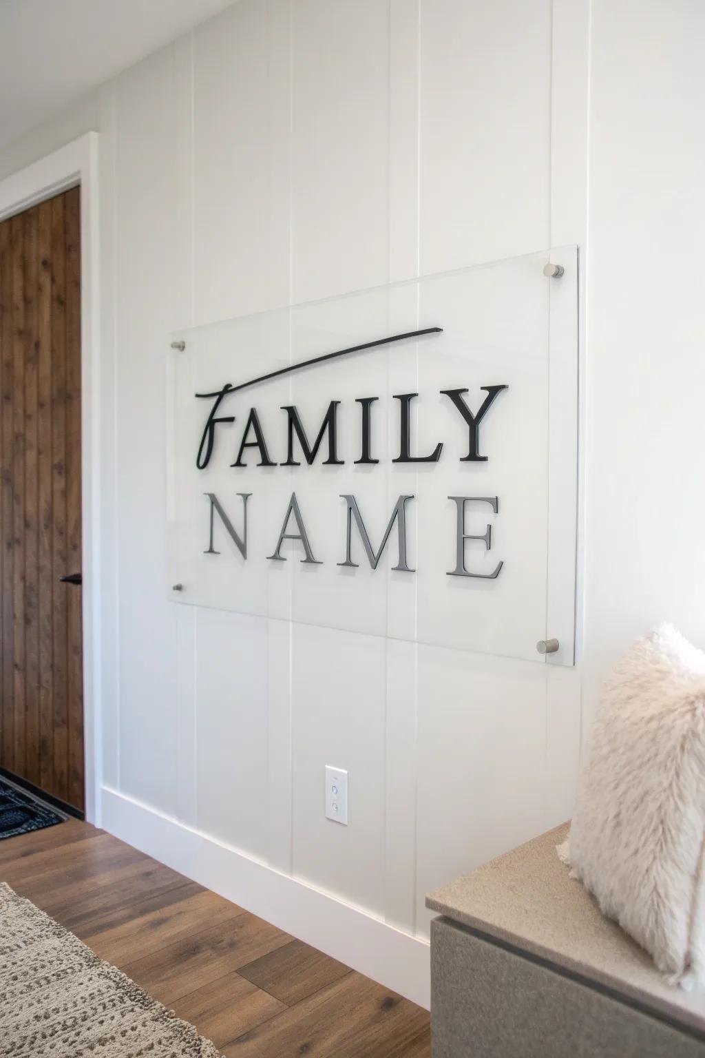 A modern acrylic family name display enhancing a minimalist decor.
