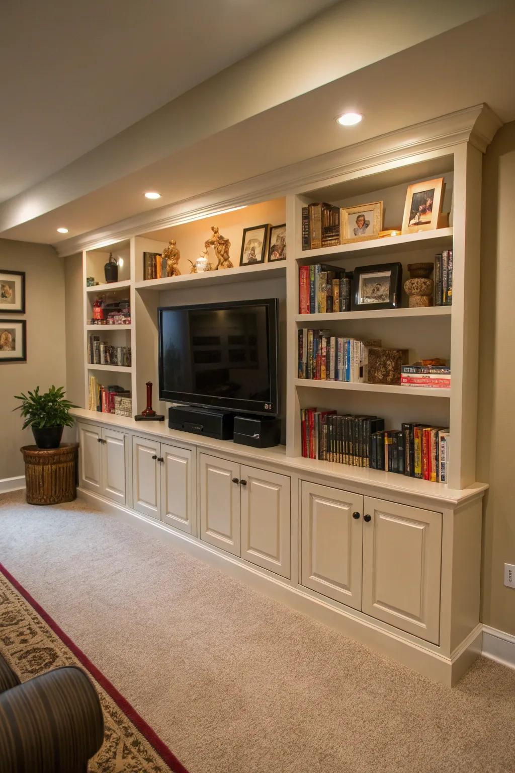 A custom-built display beautifully frames the TV, complete with spacious shelving.
