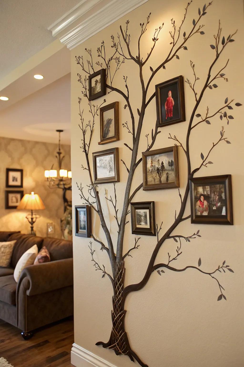 An imaginative family tree display featuring branches and integrated family photos.