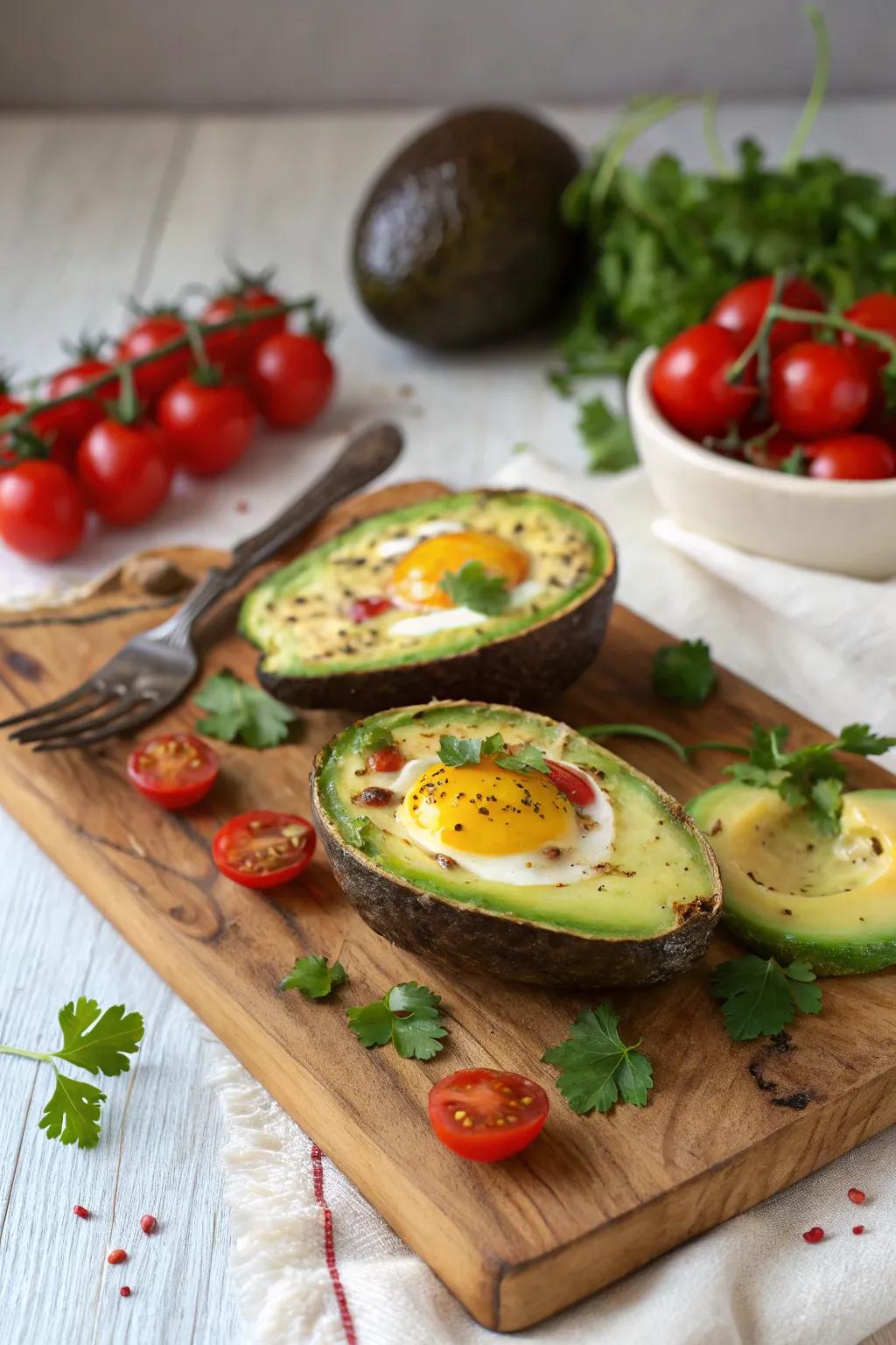 Eggs in avocado boats provide a nutritious and visually appealing breakfast option.