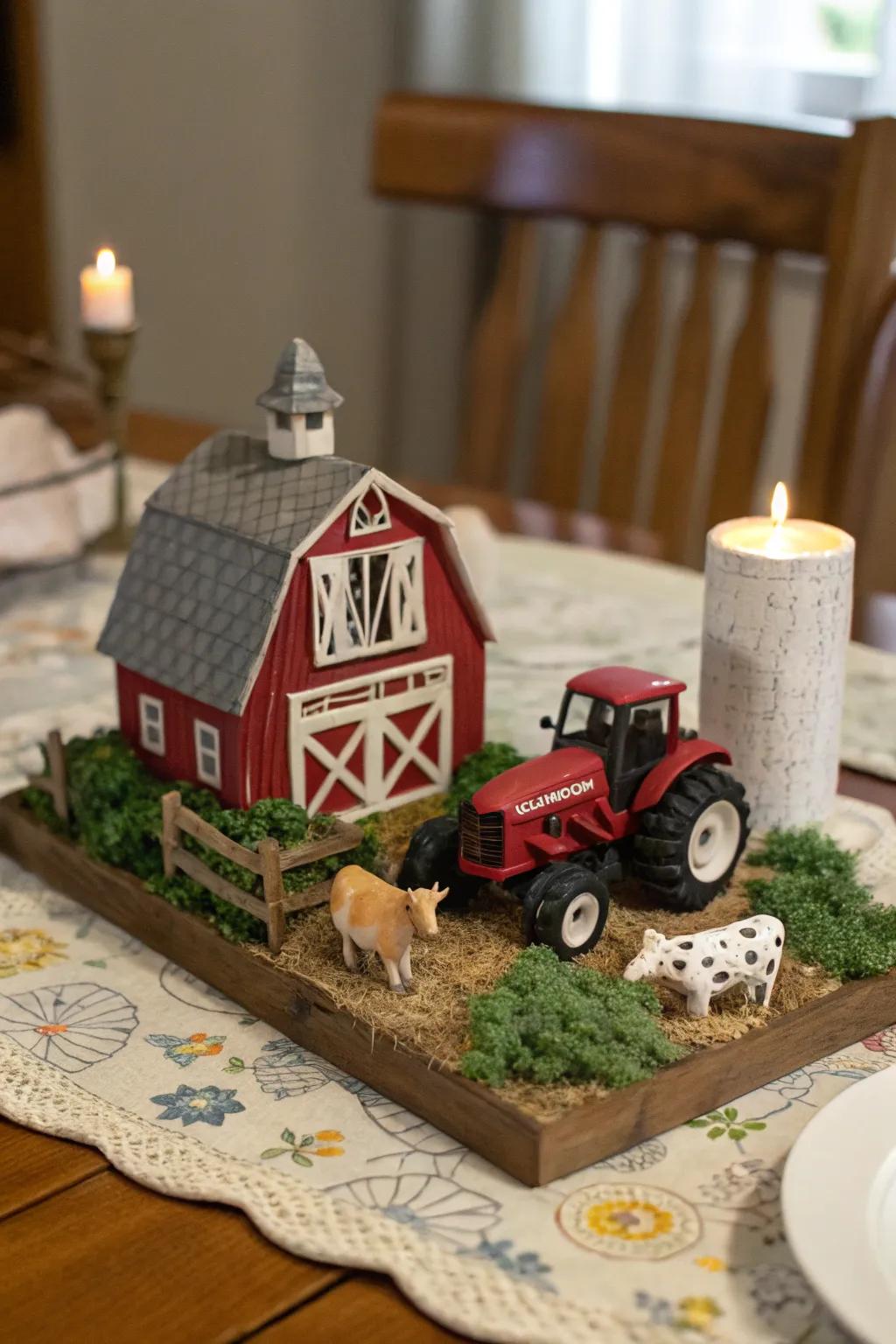 A playful diminutive farmyard scene injects whimsy onto the table.