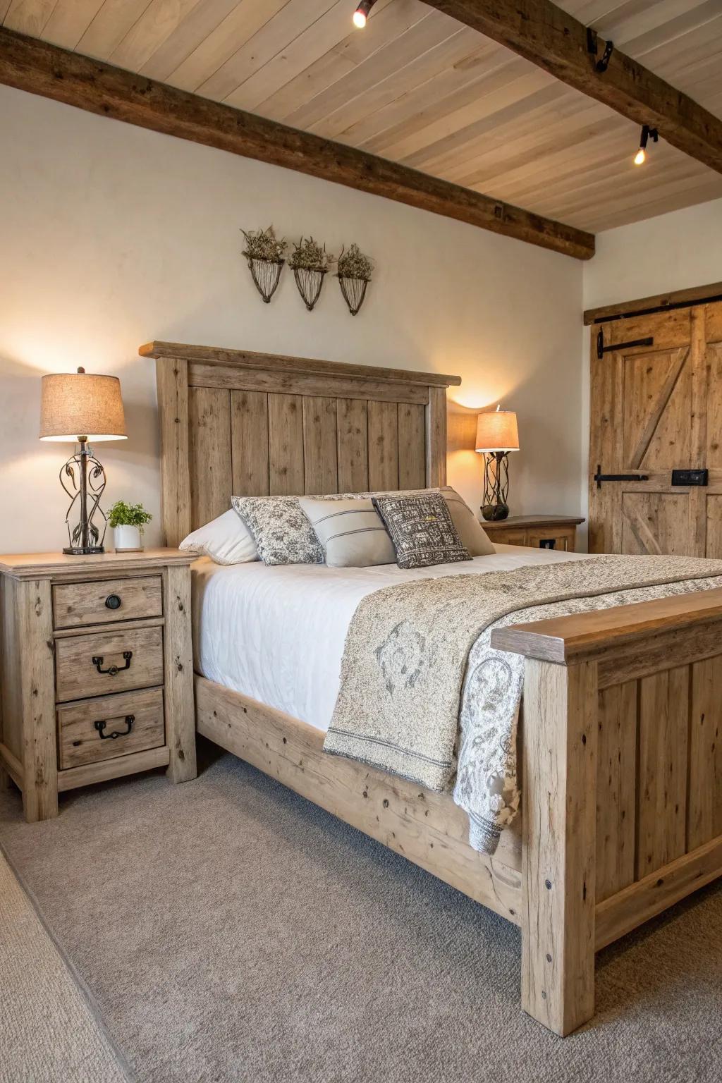 Rustic wooden furniture imparts a timeless charm to any bedroom.