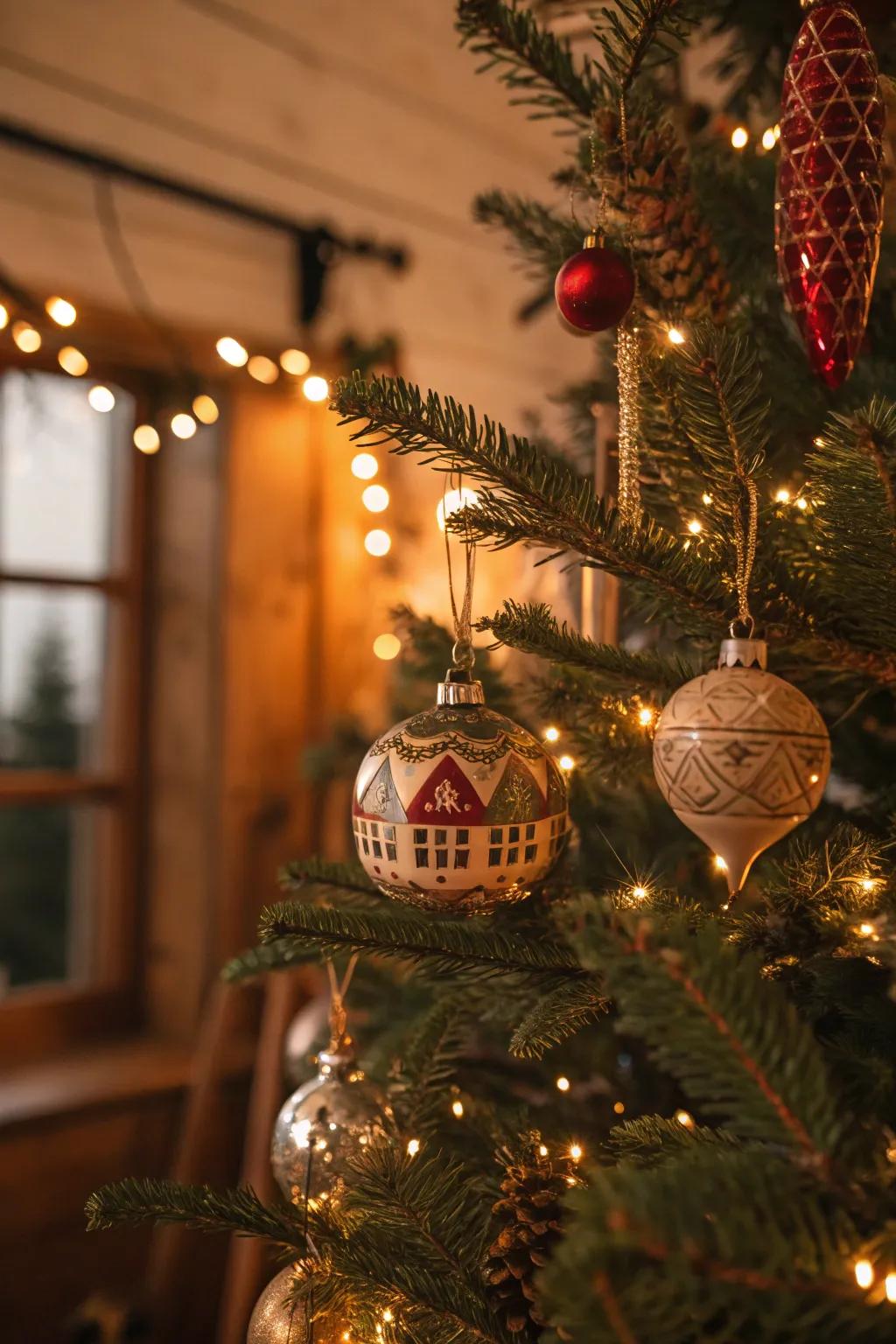 Vintage ornaments add a nostalgic and charming touch to this farmhouse Christmas tree.