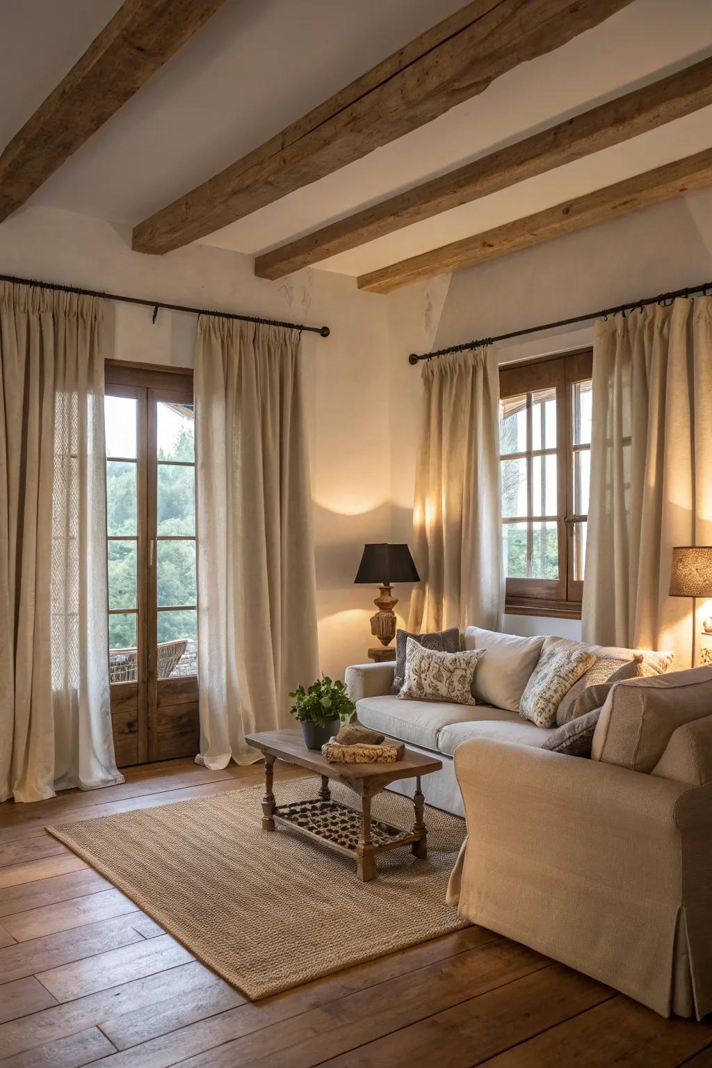Neutral-toned curtains harmonizing with wooden floors in a serene farmhouse living space.