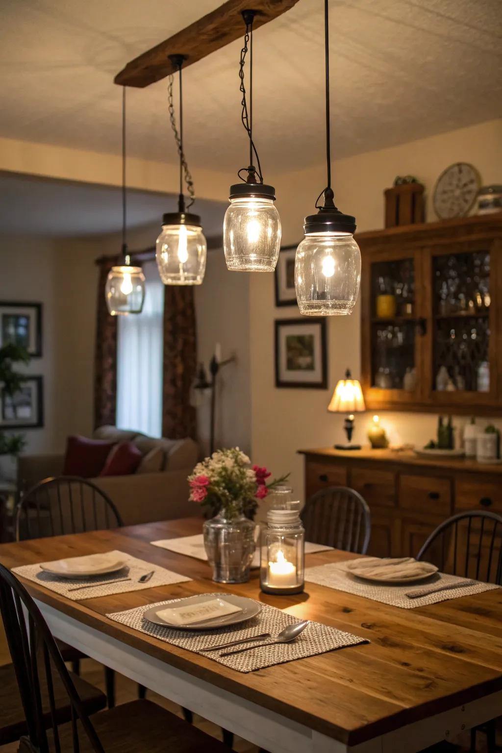 Preservation jar lights introduce a cheerful and rustic appeal to your dining space.