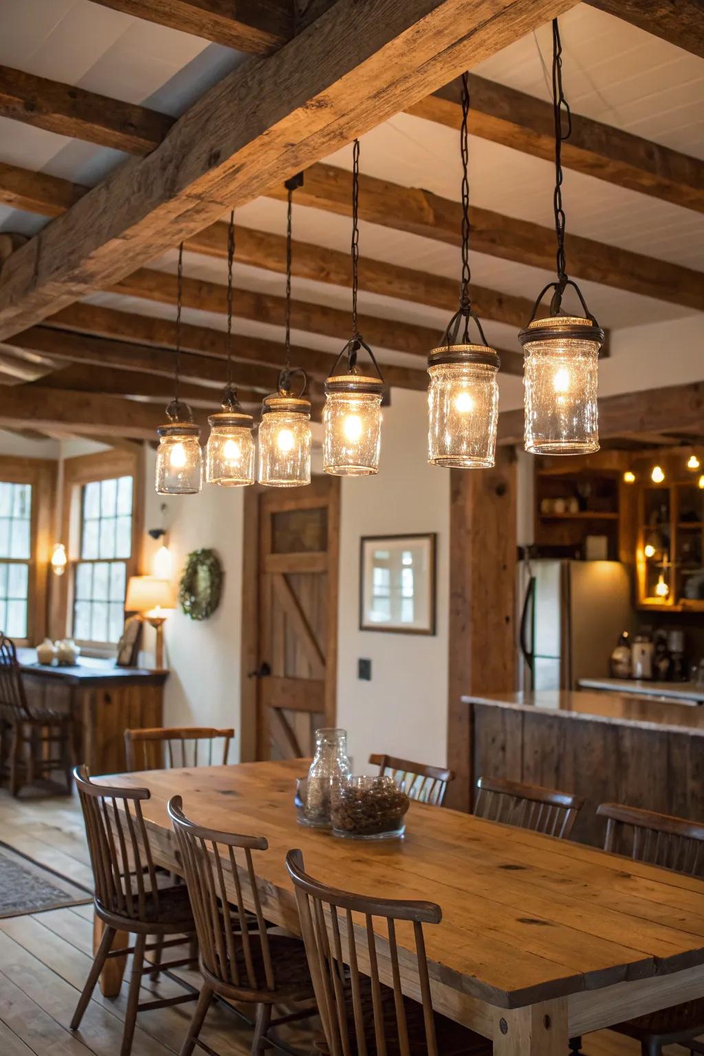 Mason container illuminations introduce a rustic element to the eating area.