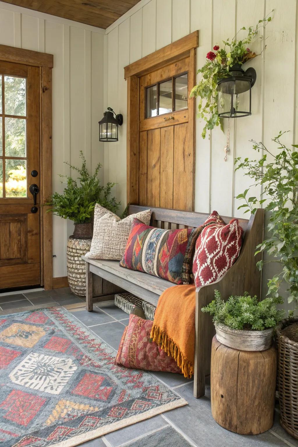A farmhouse bench enhanced with vibrant, textured cushions.
