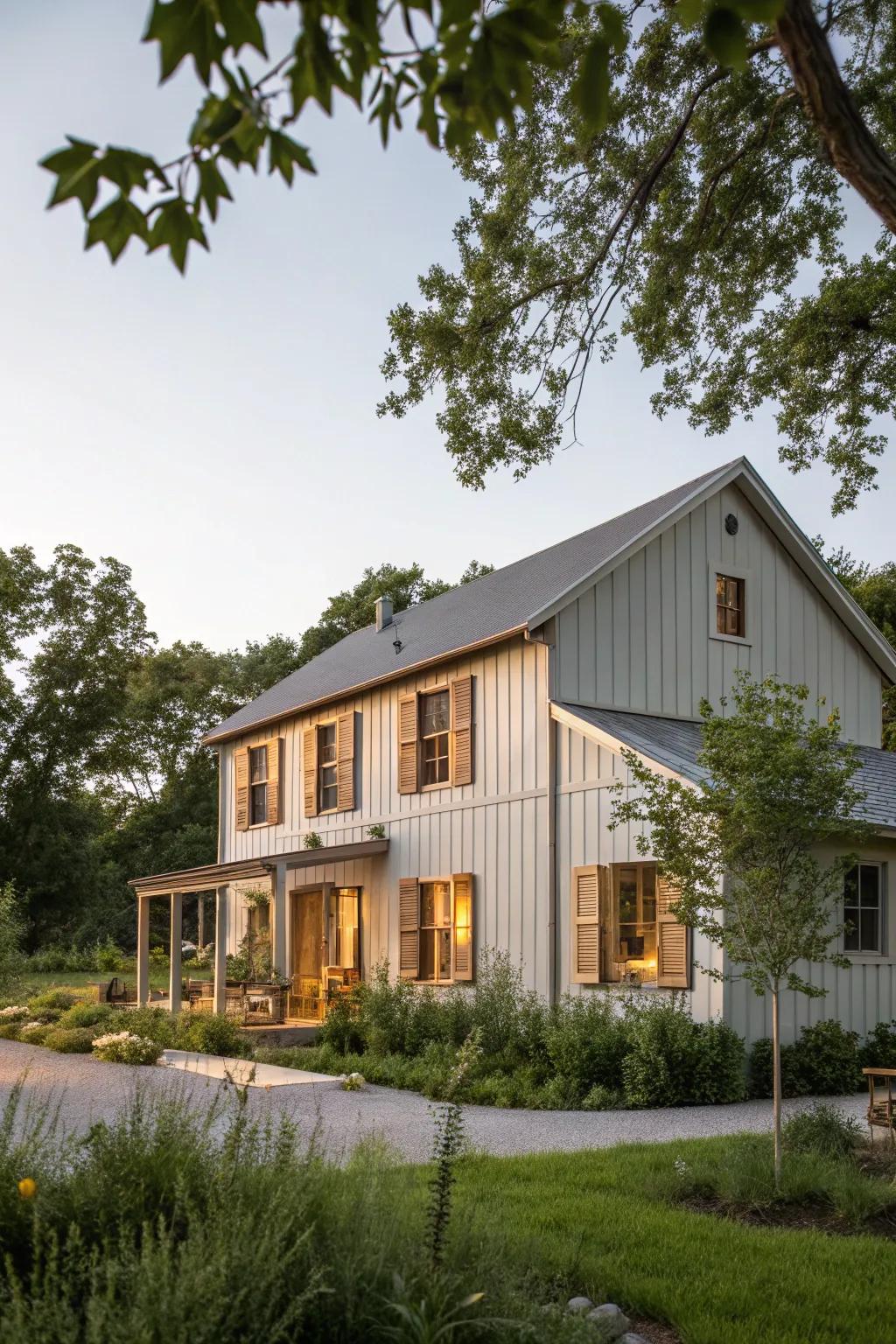 A modern farmhouse featuring calming gray shades and wooden features.