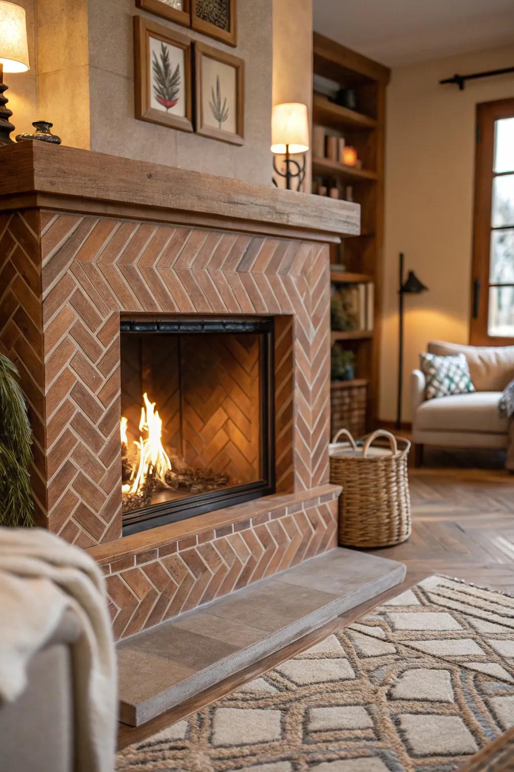 A chic herringbone tile design on a farmhouse fireplace.