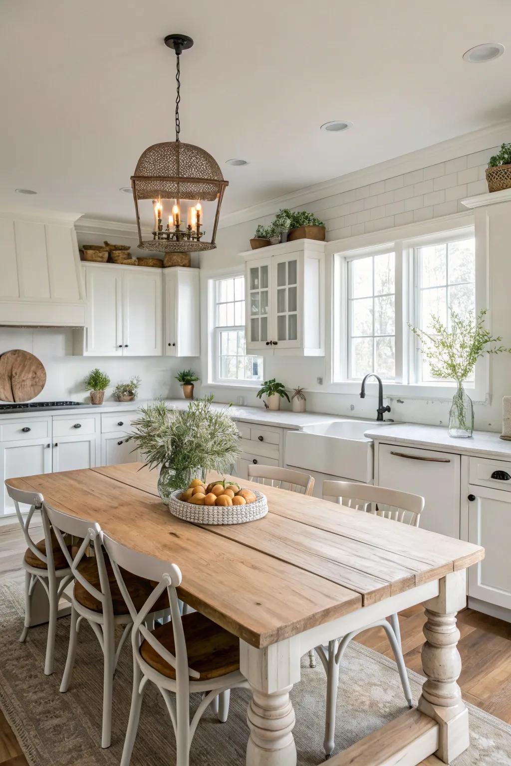 A radiant farmhouse kitchen featuring light cabinetry and subtle decorative elements.