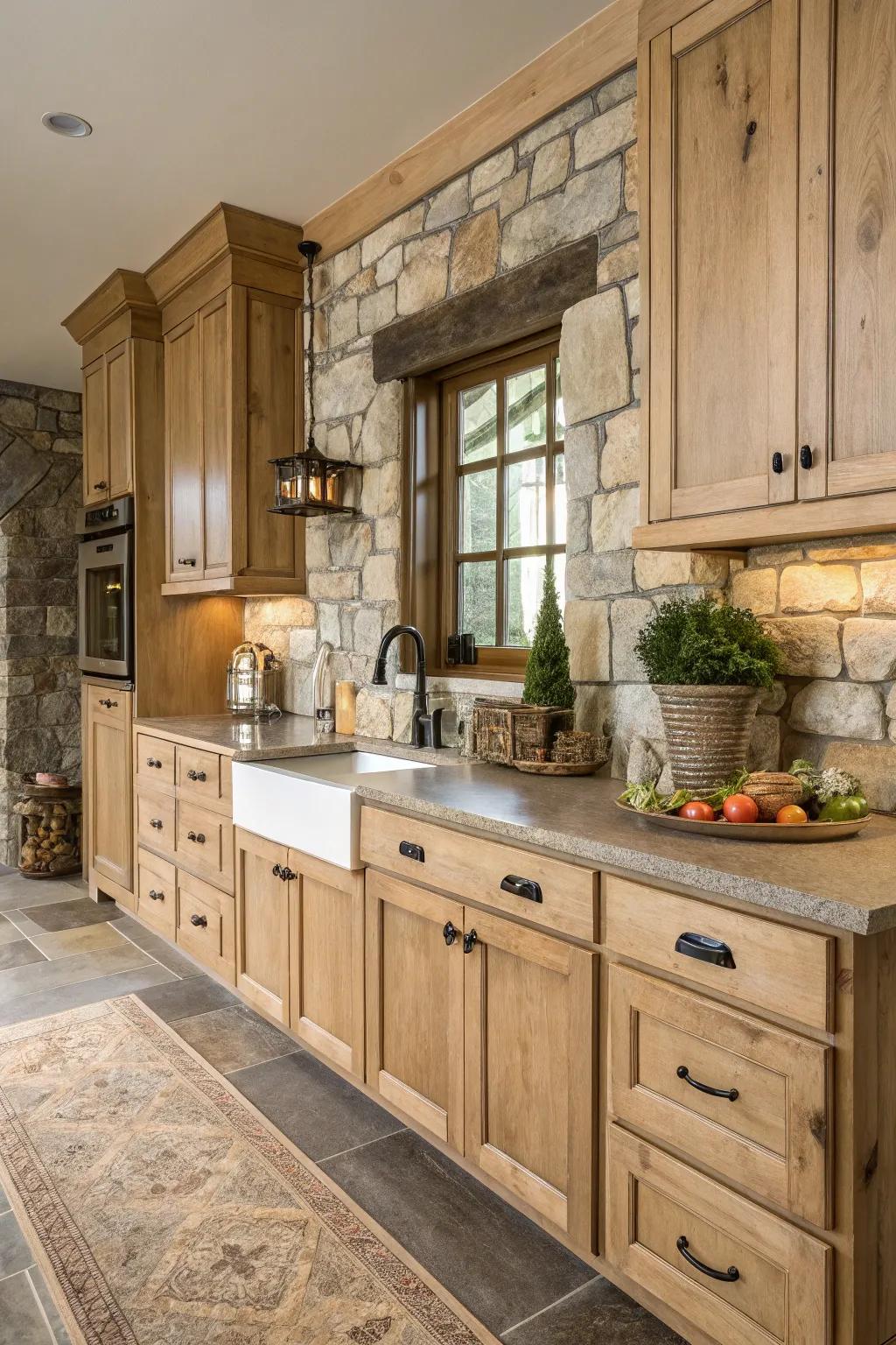 A harmonious blend of light wood cabinets and stone elements in a farmhouse kitchen.