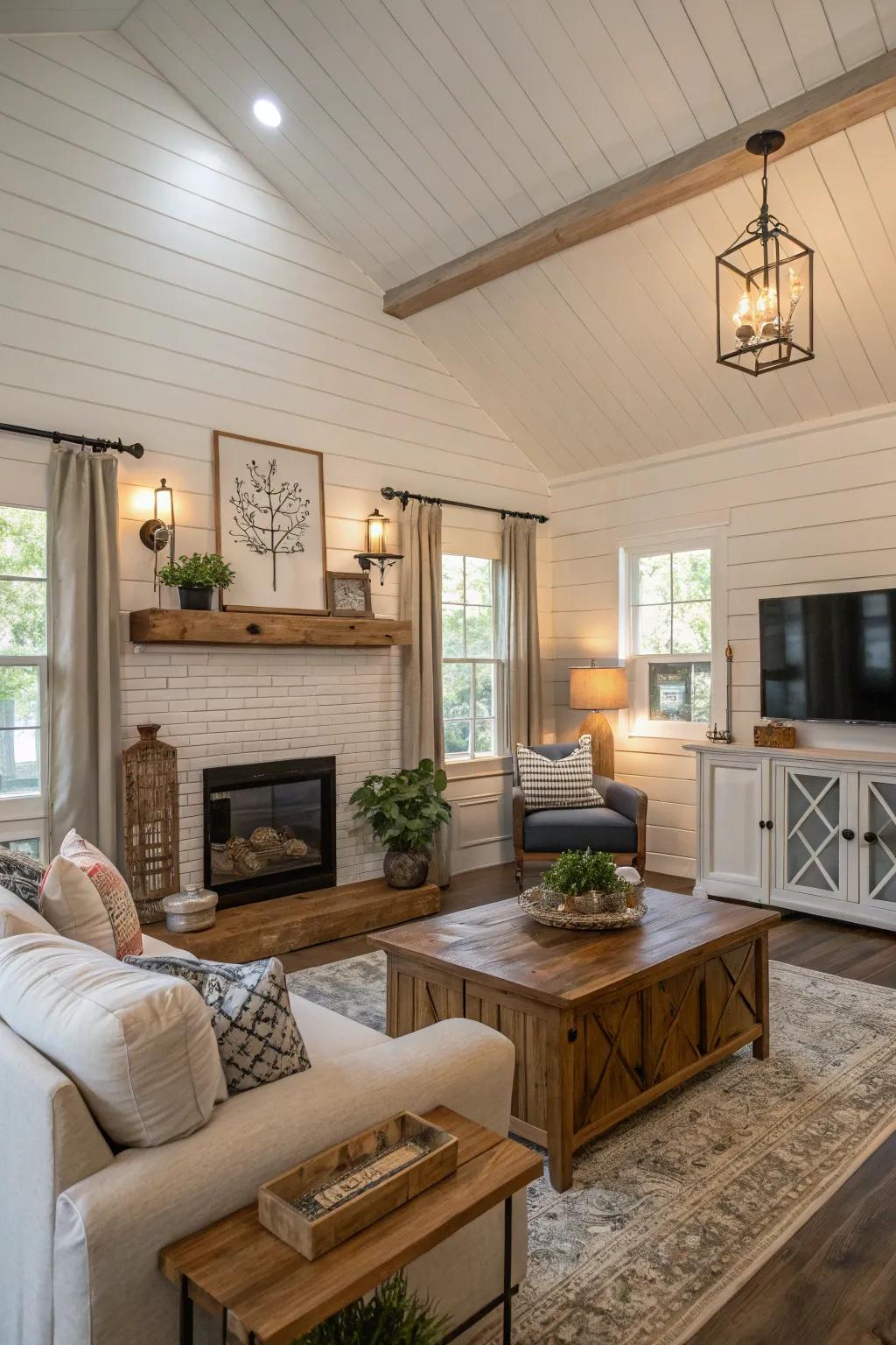 Plank walls establish an attractive and textured foundation in this family room.