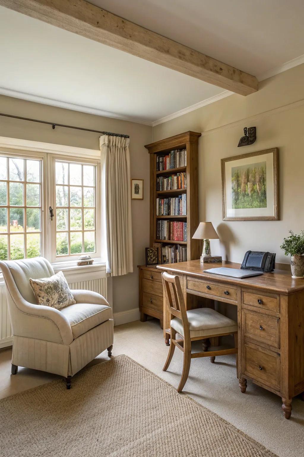 Calm shades fashion a tranquil office space.