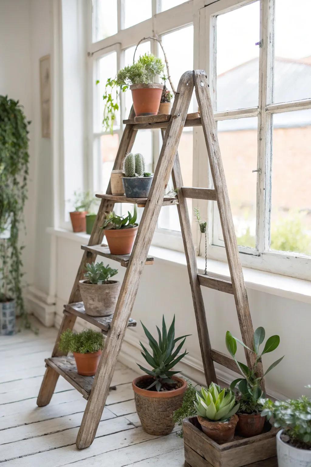 A ladder transformed into a vertical garden, filled with lush plants