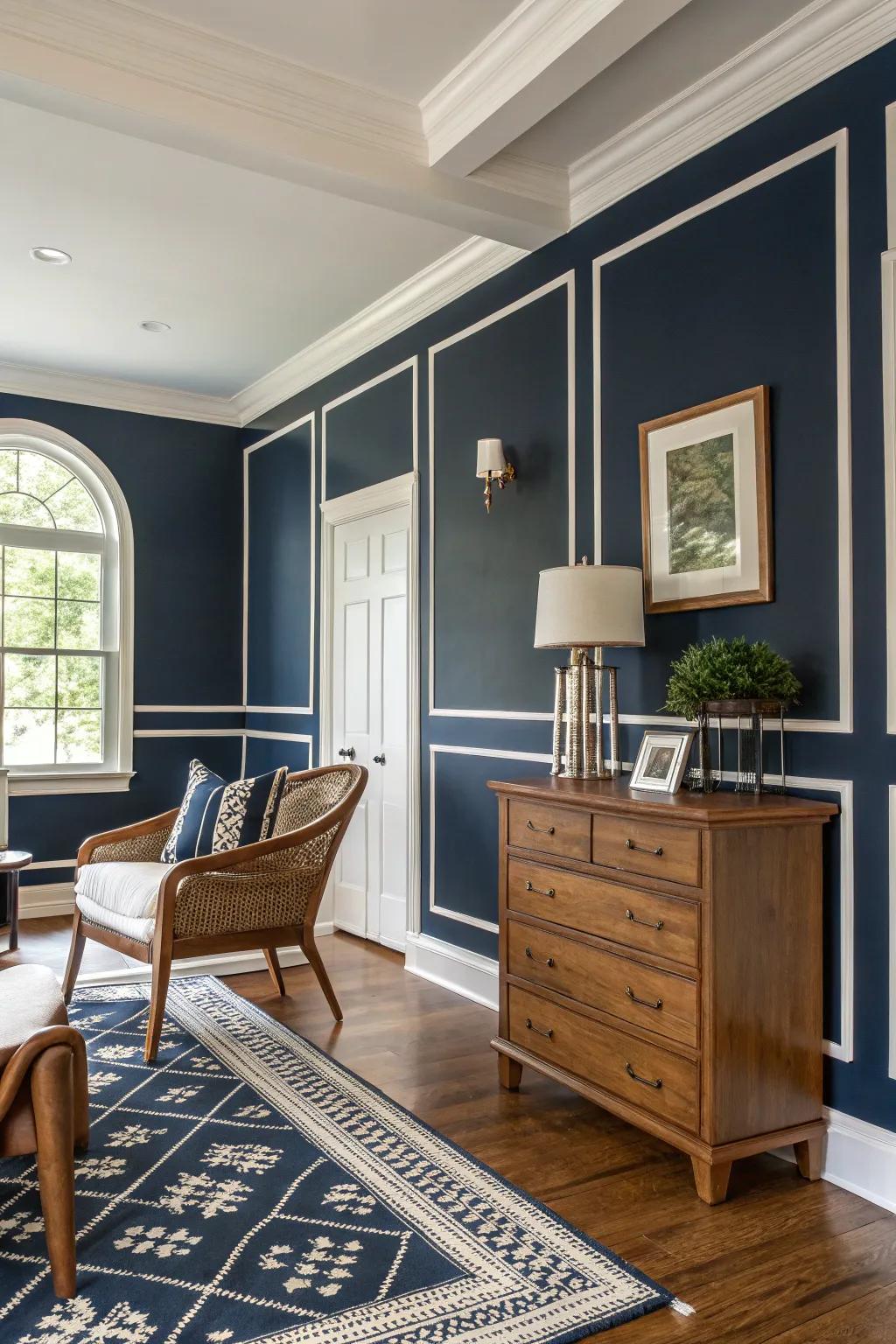 An inky blue wall enriches the elegance and depth of this farmhouse design.