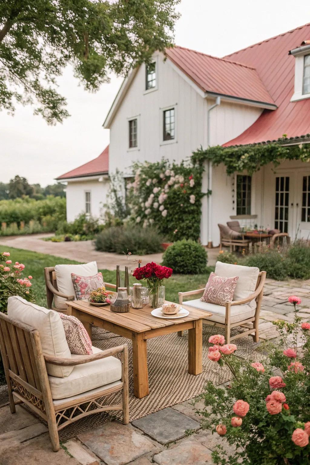 Calming neutral shades create a relaxed and welcome farmhouse patio.