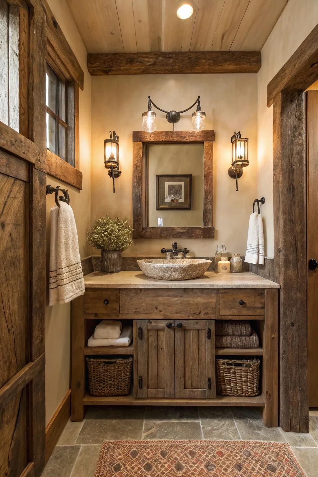 A salvaged wood vanity imparts a touch of countryside sophistication to this farmhouse bathroom.