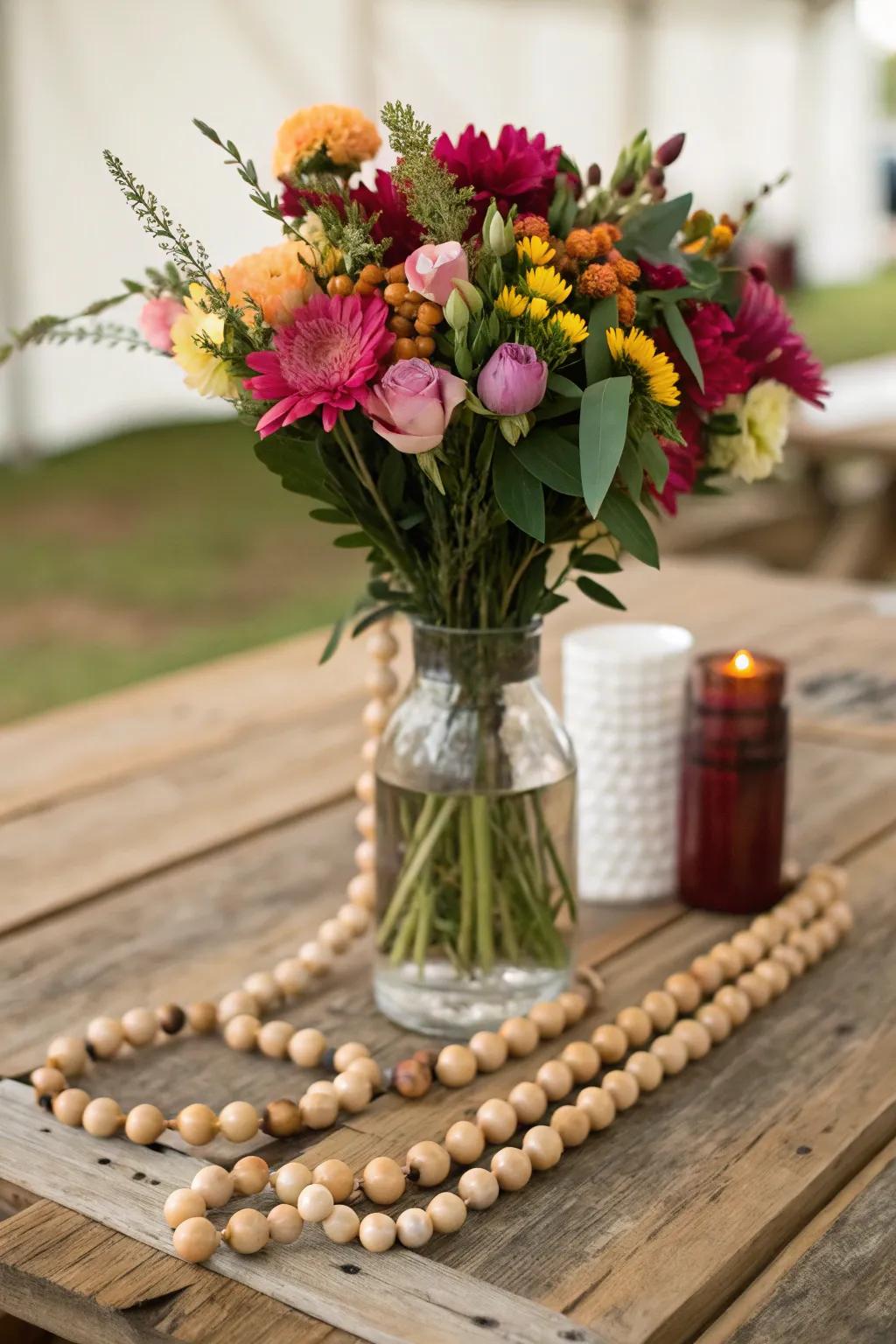 Vase wrapped with a wood bead garland, adding rustic charm.