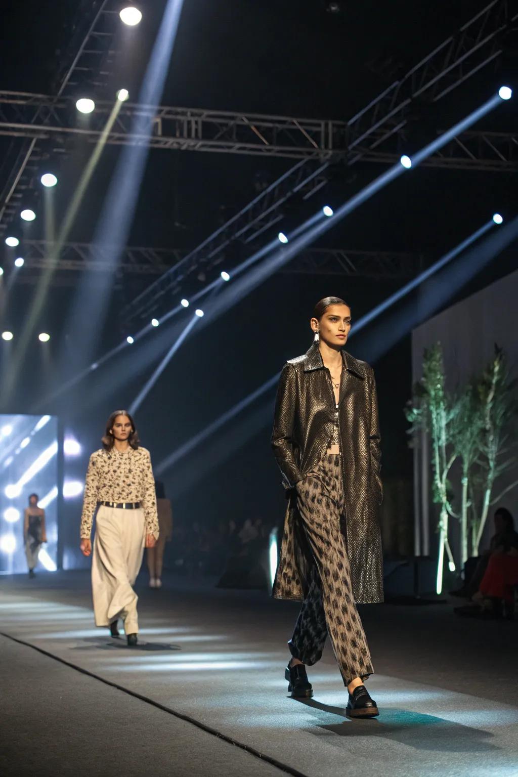 Vibrant lighting effects light up a fashion show runway, creating a mesmerizing atmosphere.