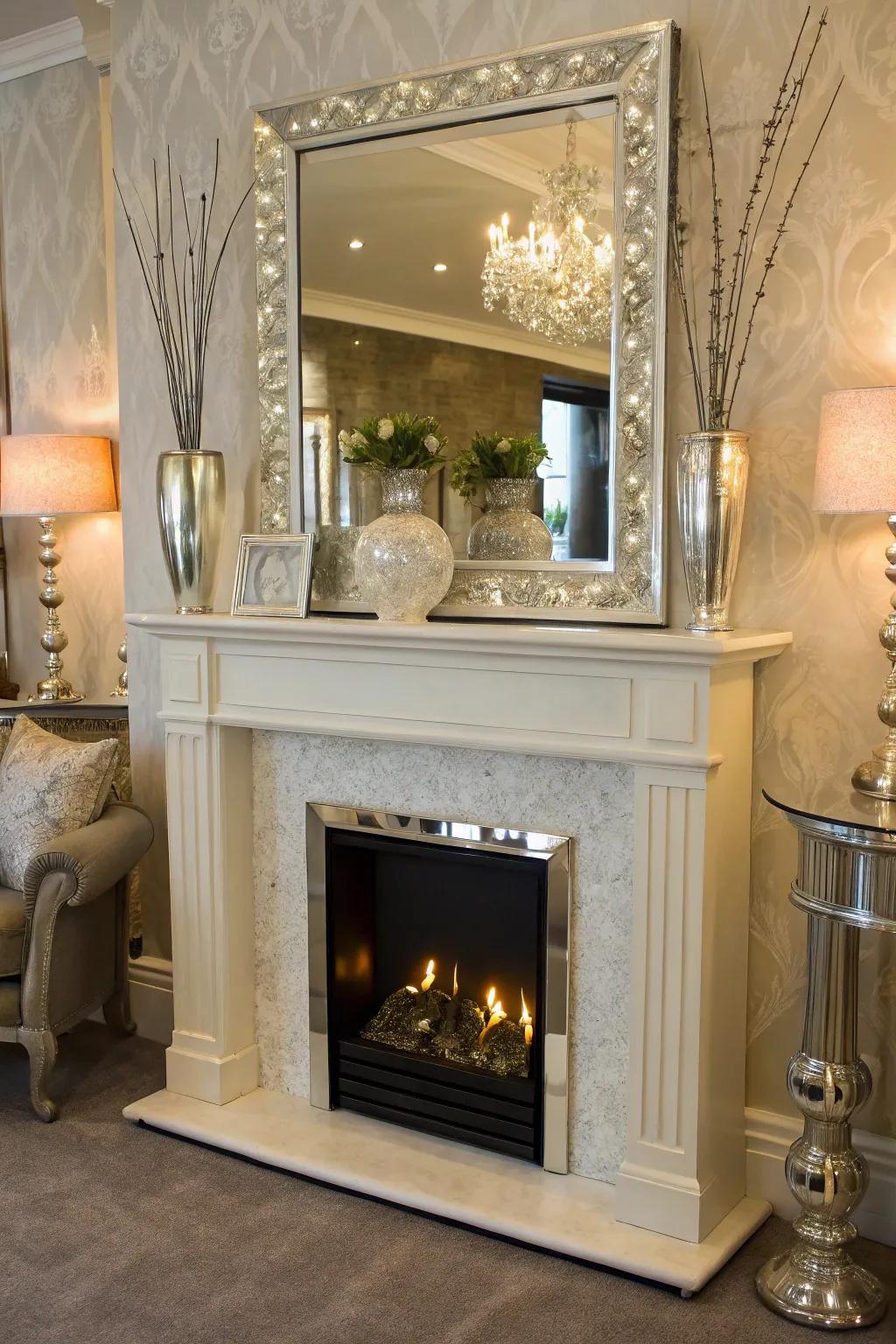 An imitation fireplace showcasing an elegant mirror, adding depth.