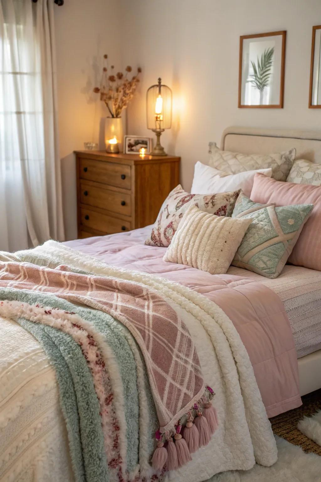 A cozy bed adorned with plush textiles for a welcoming touch.