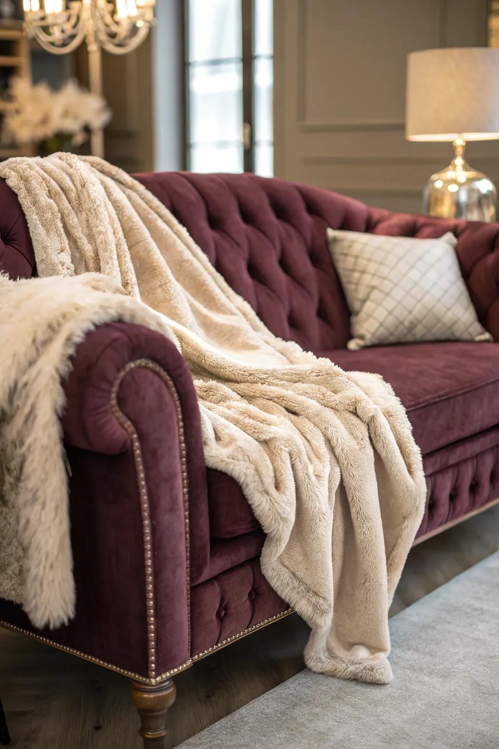 A velvet sofa decorated with plush imitation fur wraps, producing a luxurious sensation.
