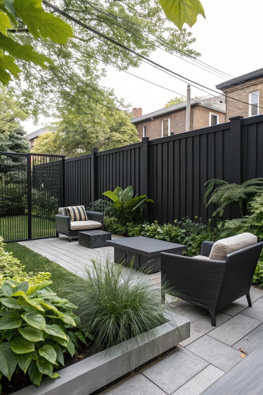 Black fences offer a modern, striking contrast to vibrant greenery.
