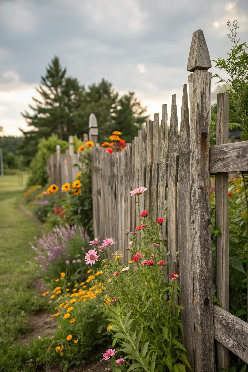 A rustic fence made from reclaimed wood adds personality and helps the environment.