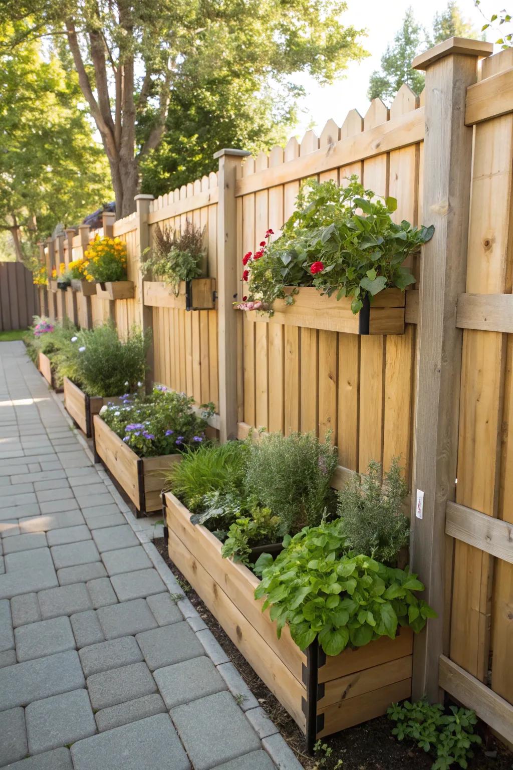 Timber screen segments featuring integrated flora containers for a vibrant display.