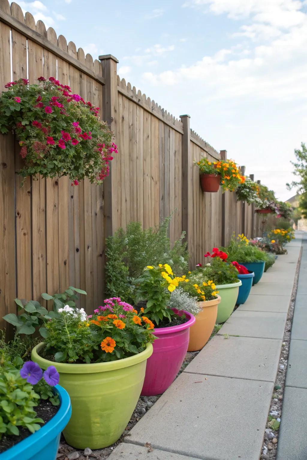A vivid display of potted flora enlivens every fence.