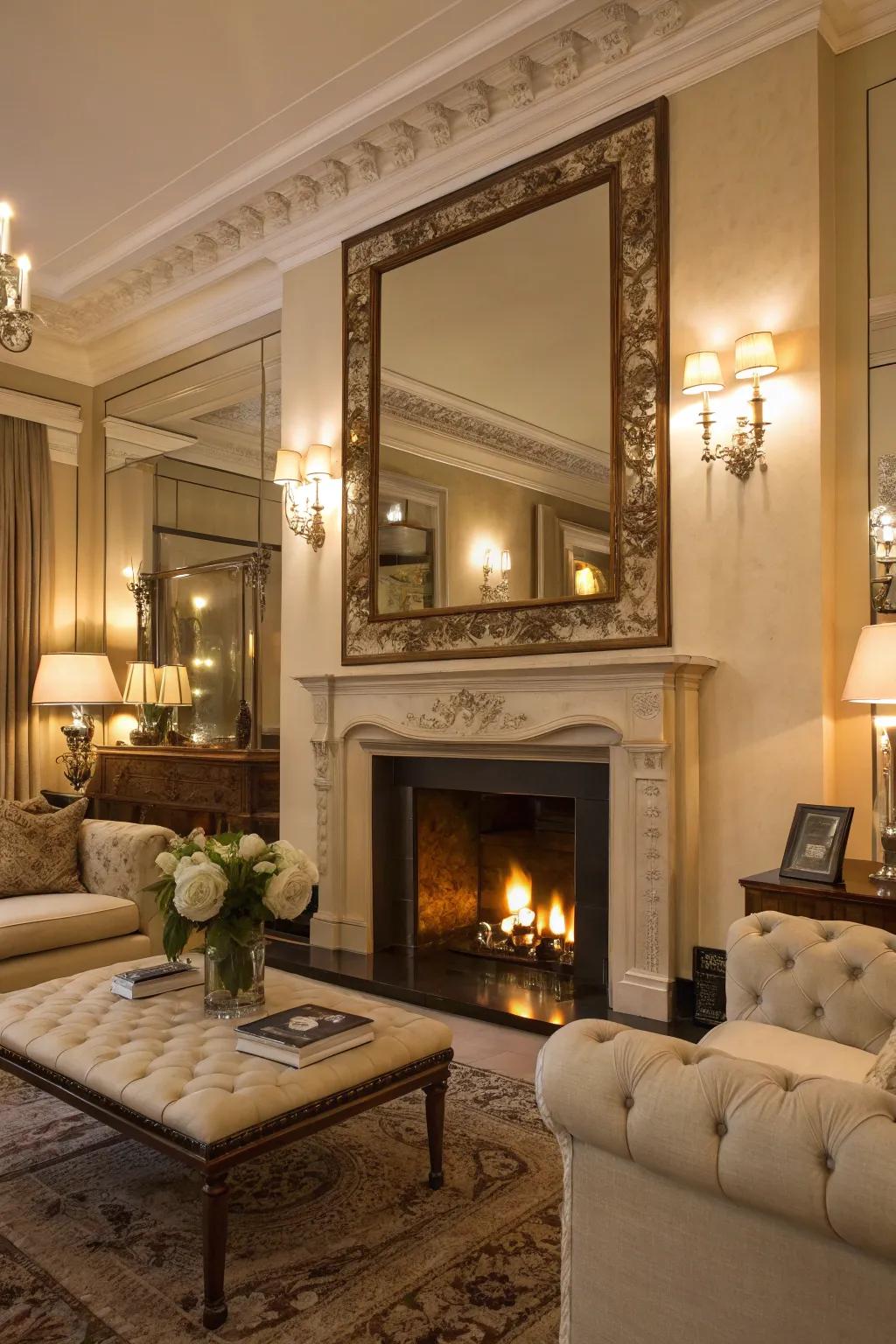 An elegant living room with a large mirror above the fireplace, adding depth and light.