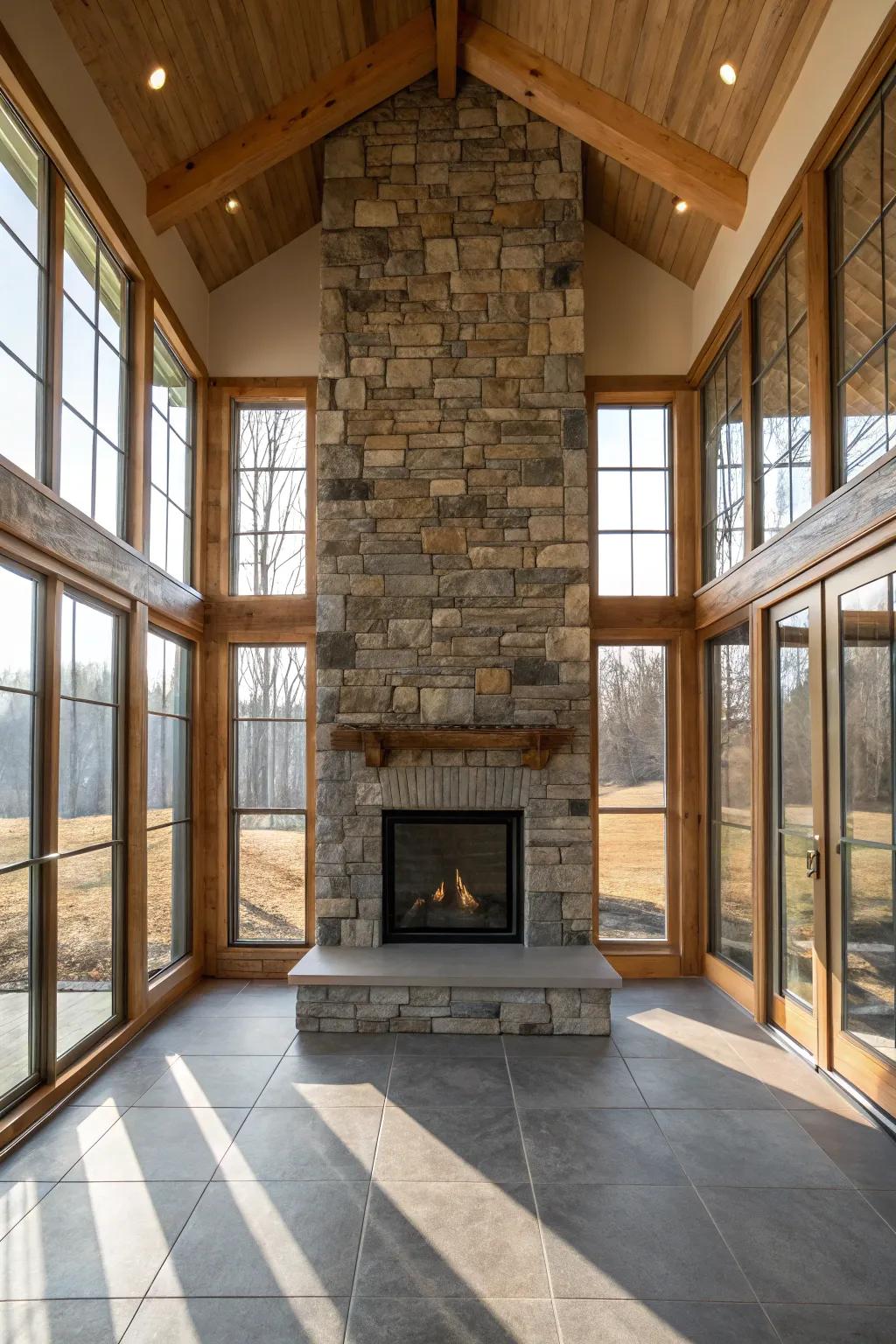 An impeccable blend of rustic and modern design, focused around a stone fireplace.