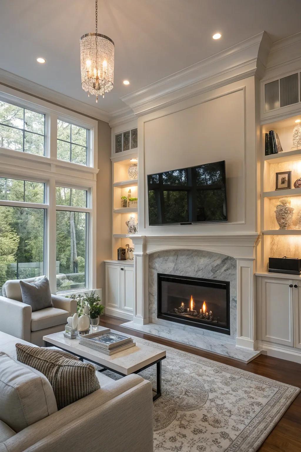 A polished mix of entertainment with a snug fireplace layout.