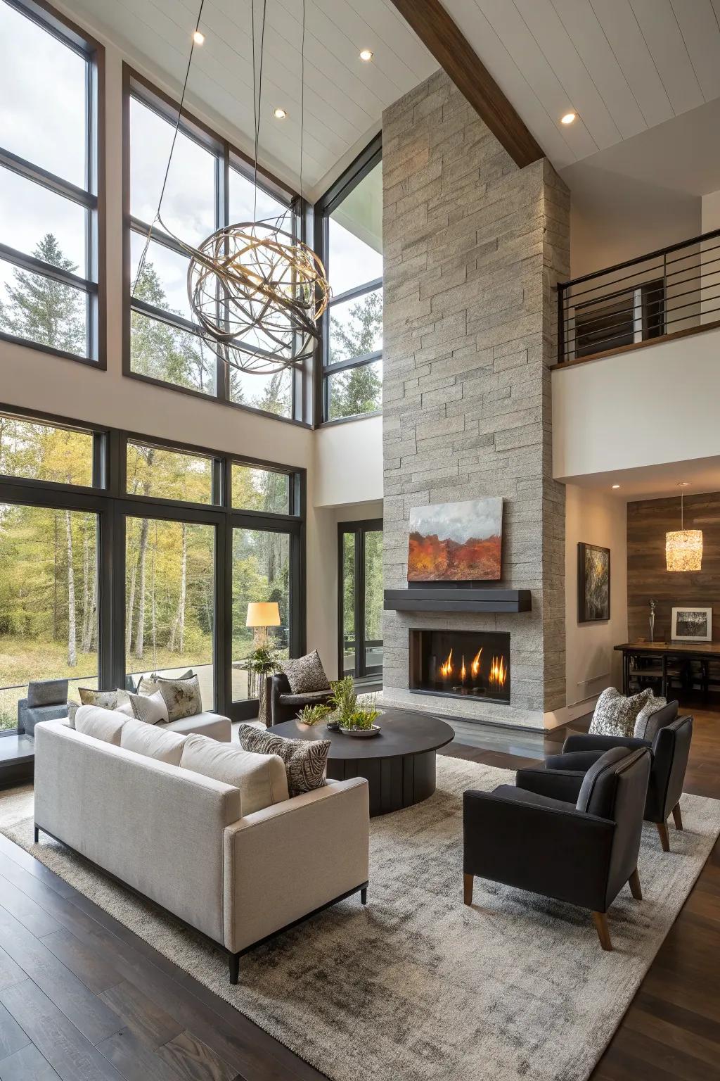 An expansive layout showcasing a double-sided fireplace, linking the lounging and dining zones.